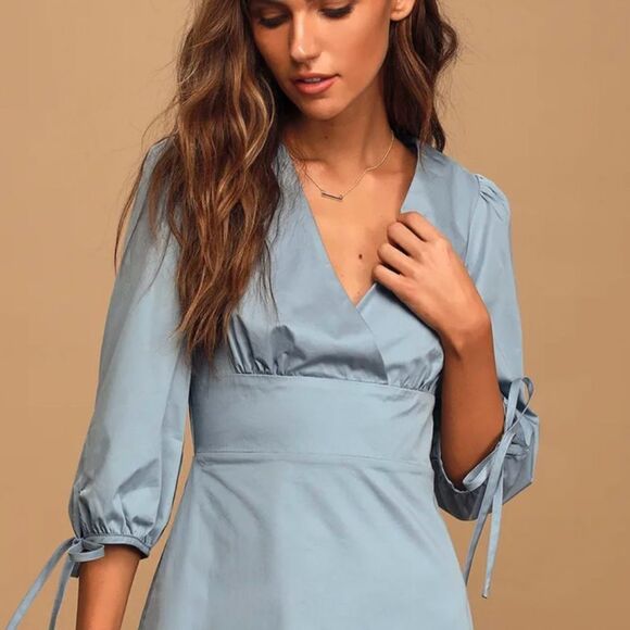 Lulus Dusty Blue Open Back V Neck A-Line Mini Dress - Picture 4 of 13